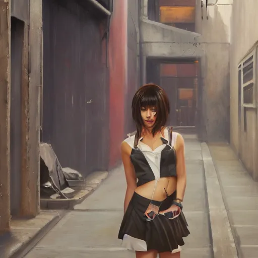 Prompt: a perfect, realistic professional 80s oil painting of a Japanese schoolgirl posing in a dystopian alleyway, style of Marvel, full length, by a professional American senior artist on ArtStation, a high-quality hollywood-style concept