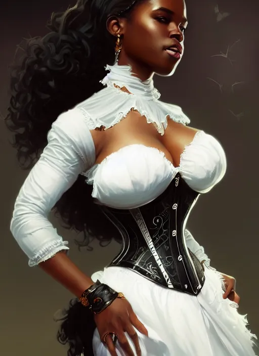 Image similar to cute black woman wearing a white corset dress, fantasy, intricate, highly detailed, digital painting, artstation, concept art, wallpaper, smooth, sharp focus, illustration, art by artgerm and greg rutkowski and alphonse mucha