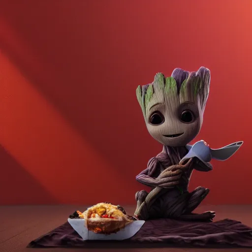 Prompt: Baby Groot eating a burrito while sitting on a soft red rug, hyperdetailed, artstation, cgsociety, 8k