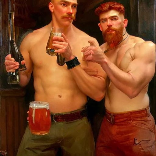 Prompt: drinking their hearts out, in a pub. shorts, attractive muscular male with red hair, and attractive muscular male with black hair. very defined and highly detailed painting by j. c. leyendecker, gaston bussiere, craig mullins 8 k