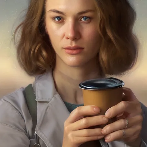 Prompt: an portrait of an female medic drinking coffee, detailed, centered, digital painting, artstation, concept art, donato giancola, Joseph Christian Leyendecker, WLOP, Boris Vallejo, Breathtaking, 8k resolution, extremely detailed, beautiful, establishing shot, artistic, hyperrealistic, beautiful face, octane render