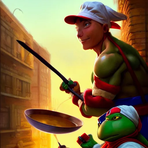 Prompt: teenage mutant ninja turtle michaelangelo holding frying pan full of doornails, wearing white chef hat, digital painting by krenz cushart, ilya kuvshinov, victo ngai, thomas kinkade. highly detailed, award winning, artstation