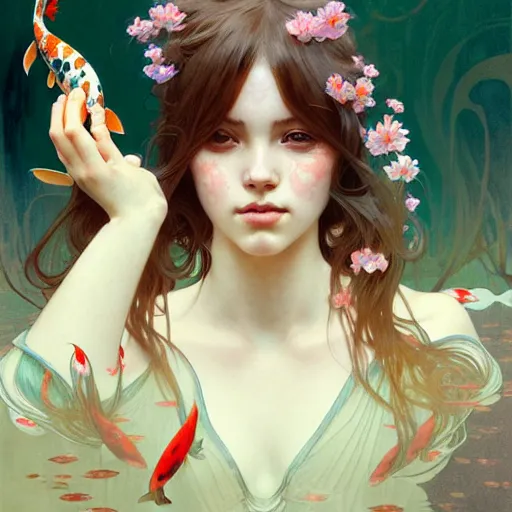 Image similar to Portrait of a girl surrounded by Koi fish, face, fantasy, intricate, elegant, highly detailed, digital painting, artstation, concept art, smooth, sharp focus, illustration, art by Krenz Cushart and Artem Demura and alphonse mucha