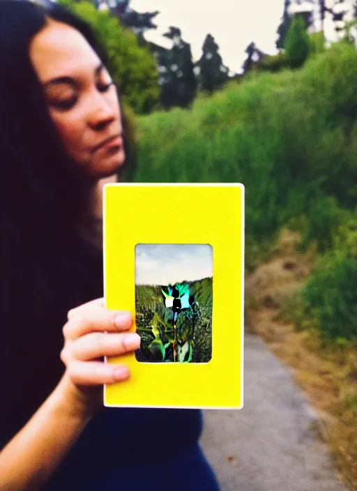 Image similar to instax mini portrait of a woman holding a dandelion in the berkeley hills