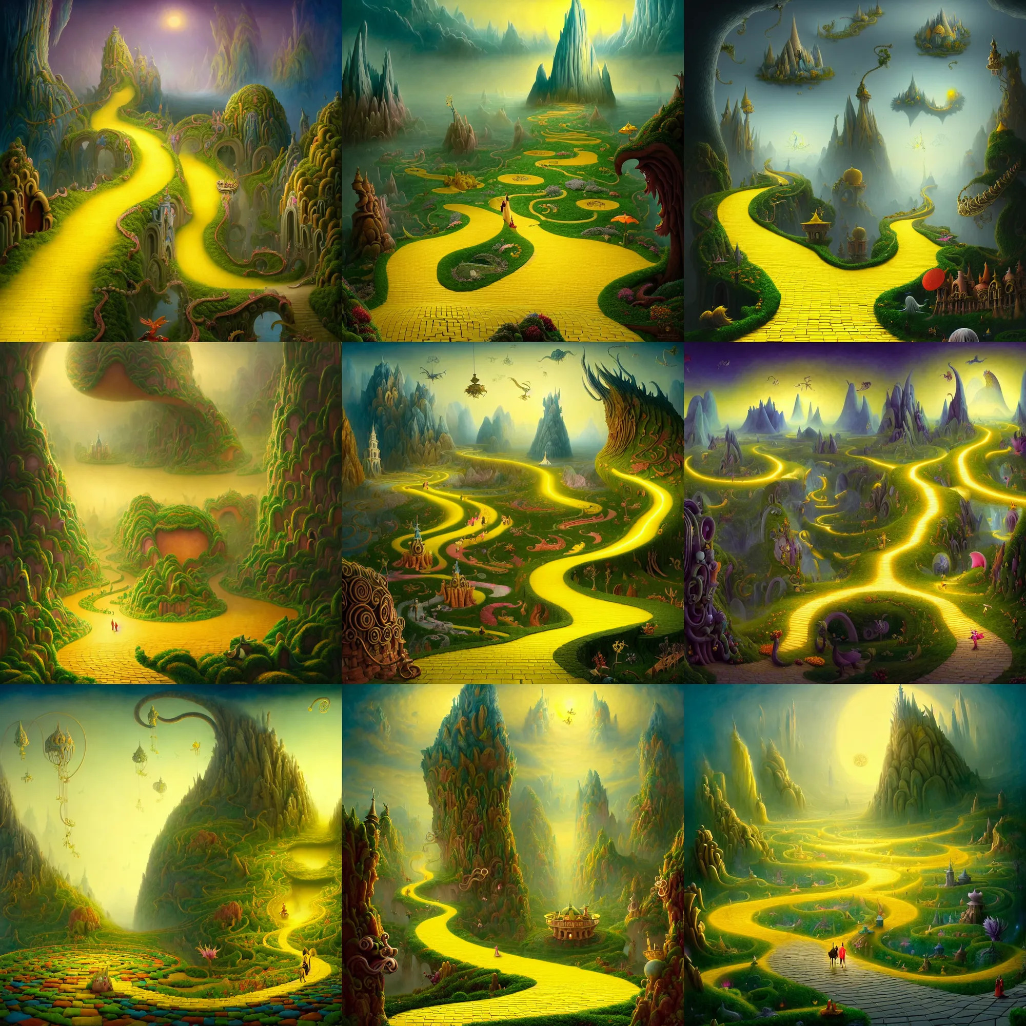 Prompt: a beguiling epic stunning beautiful and insanely detailed matte painting of the impossible winding path yellow brick road in dream worlds with surreal architecture designed by Heironymous Bosch, dream world populated with mythical whimsical creatures, mega structures inspired by Heironymous Bosch's Garden of Earthly Delights, vast surreal landscape and horizon by Asher Durand and Cyril Rolando and Filip Hodas, masterpiece!!!, grand!, imaginative!!!, whimsical!!, epic scale, intricate details, sense of awe, elite, wonder, insanely complex, masterful composition!!!, sharp focus, fantasy realism, dramatic lighting