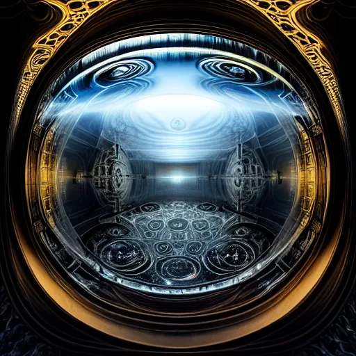 Image similar to open majestic portal to another dimension, with turbulent image of different time space, ethereal, sci fi, high filigree detail, intricate, giger!, beautiful reflective metals and reflections, photo realistic, 8 k