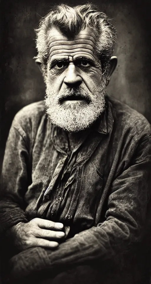 Image similar to a highly detailed digital collodion photograph, a portrait of a grizzled old man who kind of looks like Mel Gibson