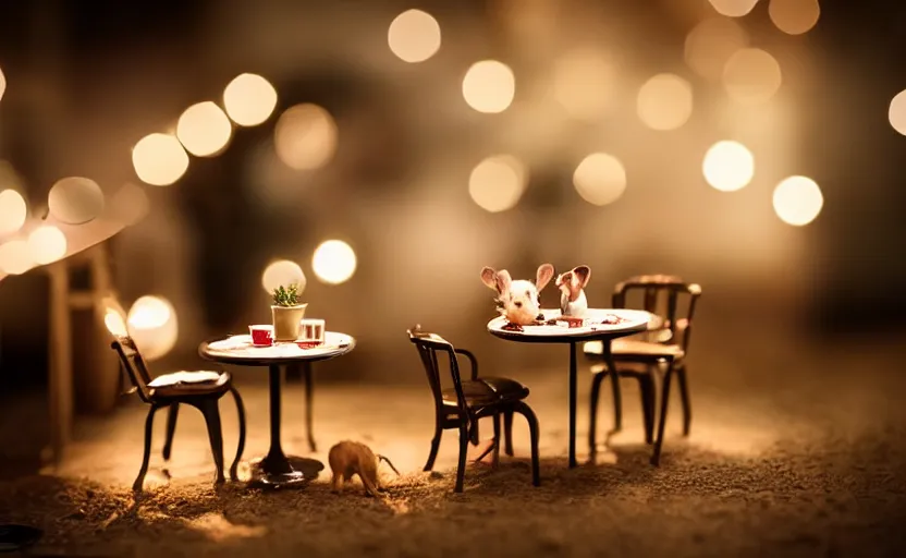 Image similar to mini cafe diorama macro photography, mice on a date, ambient, atmospheric photograph, string lights, romantic