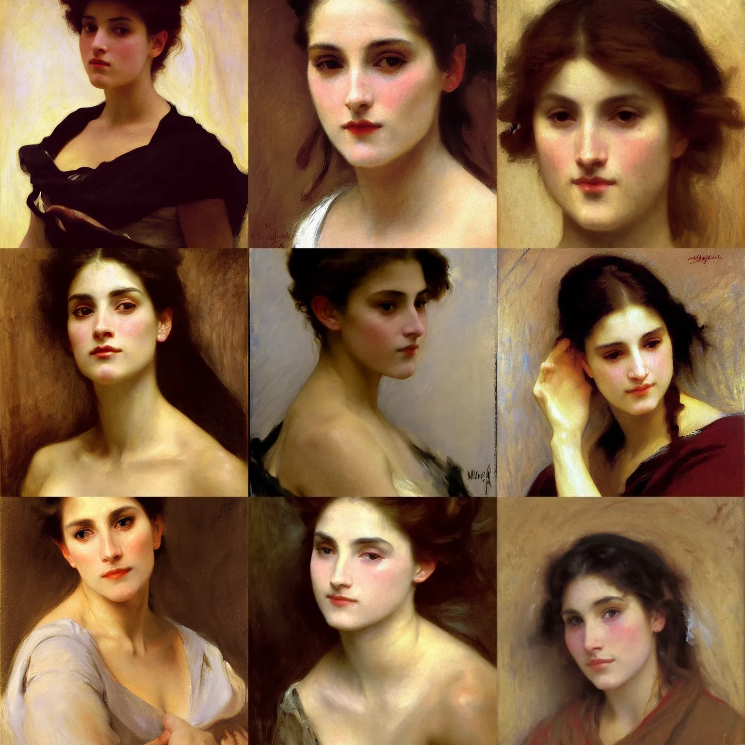 Prompt: finished painting of a beautiful womans face, by john singer sargent, william - adolphe bouguereau