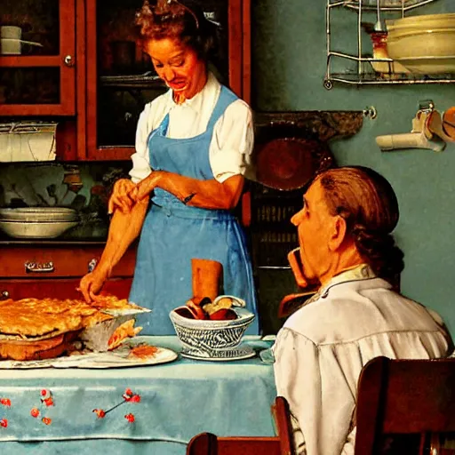 Prompt: housewife putting a hot apple pie on kitchen table, light blue dress, apron, sticking up her middle finger, artwork of norman rockwell