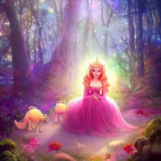 Prompt: A beautiful experimental art of Princess Aurora singing in the woods while surrounded by animals. She looks so peaceful and content in the company of the animals, and the colors are simply gorgeous. colorful lighting by Jeannette Guichard-Bunel harrowing