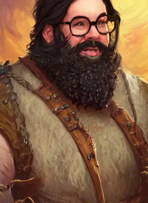 Prompt: chubby male with long black wavy hair and glasses and beard, dndbeyond, bright, colourful, realistic, dnd character portrait, face, pathfinder, pinterest, art by ralph horsley, dnd, rpg, lotr game design fanart by concept art, behance hd, artstation, deviantart, hdr render in unreal engine 5