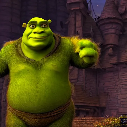 Image similar to shrek!!! going goblin - mode, menacing figure, imposing, low camera angle looking up