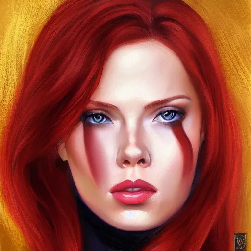 Prompt: beautiful Natasha Romanova, portrait painting, oil on canvas, no text, digital art