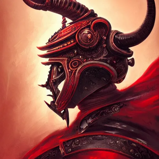 Prompt: An ornate front facing helm with large horns, Black steel with red trim, engulfed in blood red energy, intricate, elegant, highly detailed, digital painting, artstation, concept art, smooth, sharp focus, illustration, art by anato Finnstark and Peter mohrbacher,