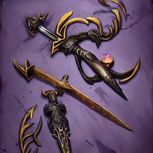 Image similar to violet daggers, dark daggers, poisonous daggers, hearthstone weapon art, by greg rutkowski