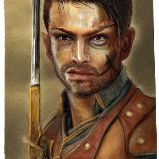 Image similar to self portrait, handsome man with battle scar on his chest holding his sword on his shoulder, pencil art, detailed, handsome, colored, bloody