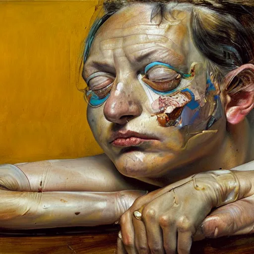 Image similar to high quality high detail painting by lucian freud and jenny saville, hd, golden eal, turquoise