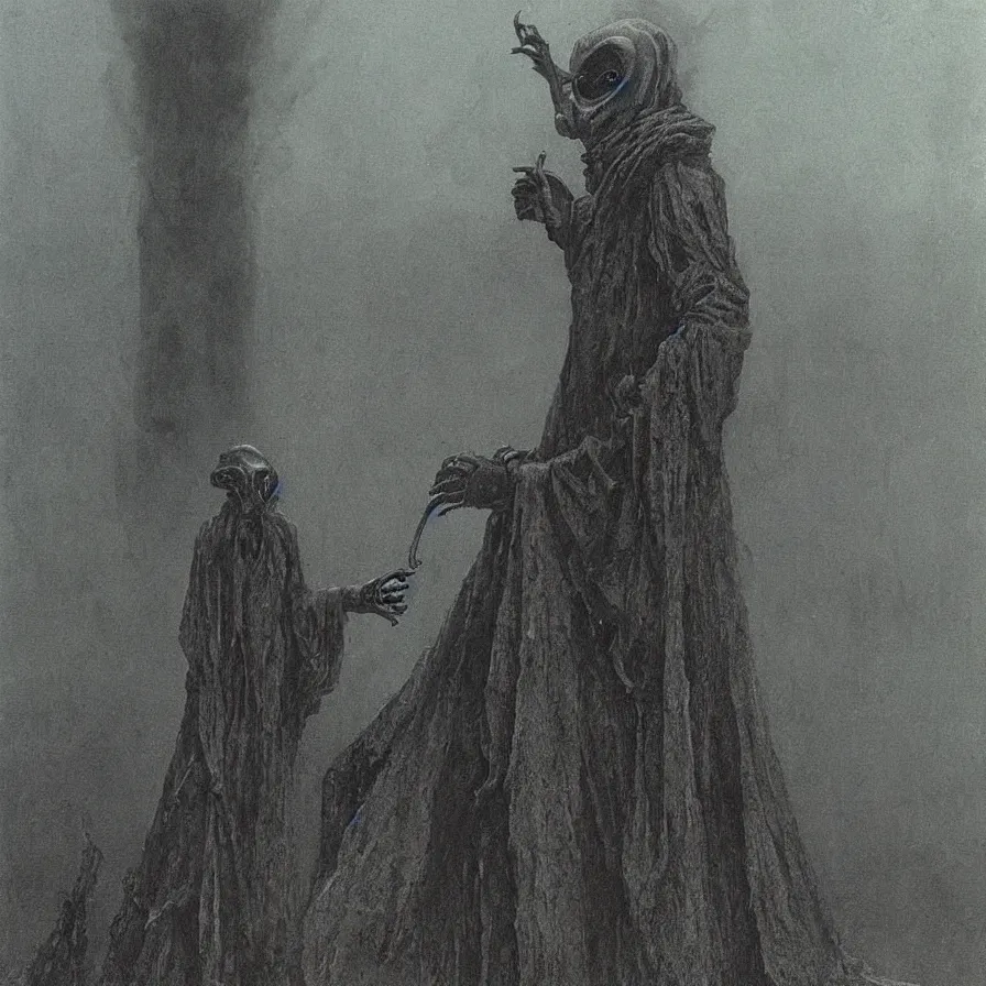 Image similar to plague doctor from iron gridle but human form, destroyed city and flames by zdzislaw beksinski, color