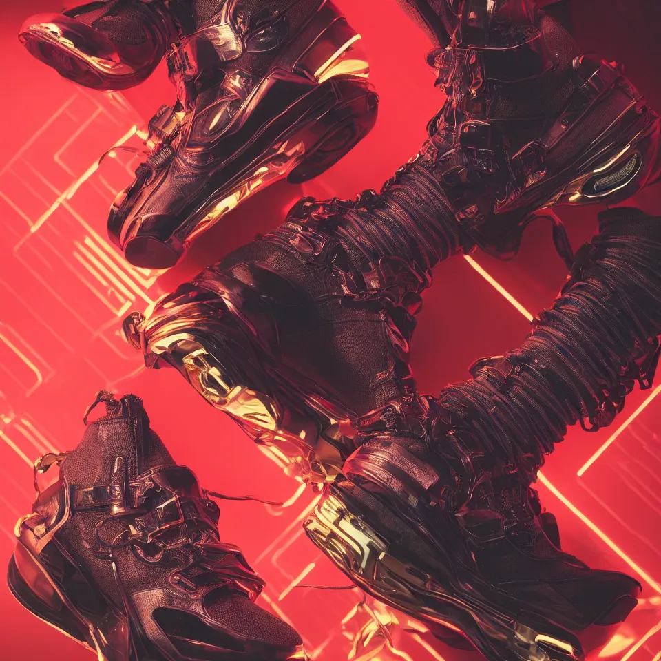 Image similar to realistic product shot of a cyberpunk sneaker, beautiful studio lighting, soft, sharp focus, neon cyberpunk highlights, intricate detail, gold and red accents, soft rubber, octane render, wide angle, trending on artstation, deviantart, art by syd mead