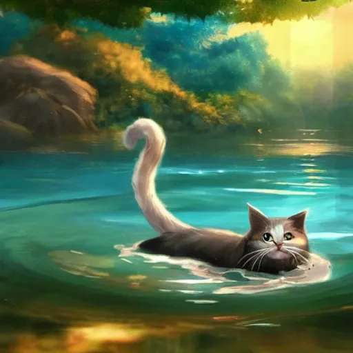 Prompt: A cat swimming in water, Japanese anime style, fantasy matte painting，cute, rich colors, high details，light effect，Disney Style，trending on unreal engine and artstation，8kHDR，