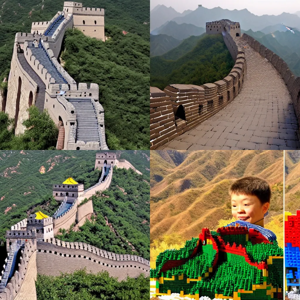 Prompt: the great wall of china made from pieces of pieces of lego