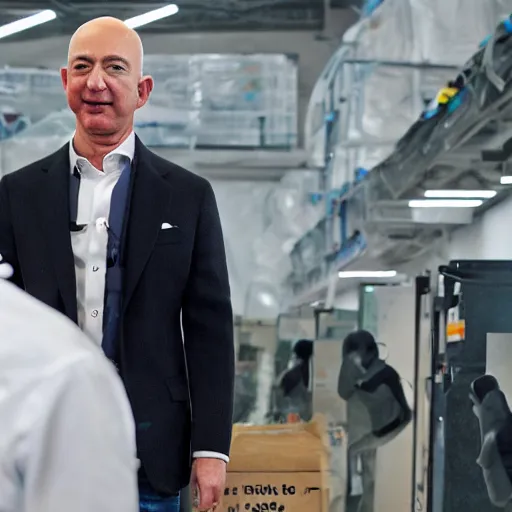 Image similar to jeff bezos being abusive towards his employees and forcing them to work without toilet breaks, sharp focus, hyper realistic, sony 5 0 mm lens