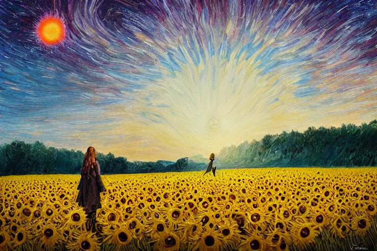 Image similar to giant sunflower as a head, girl walking in wheat field, hills, surreal photography, dark night, star trails, dramatic light, impressionist painting, clouds, digital painting, artstation, simon stalenhag