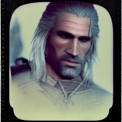 Image similar to polaroid of geralt of rivia face shot by Tarkovsky