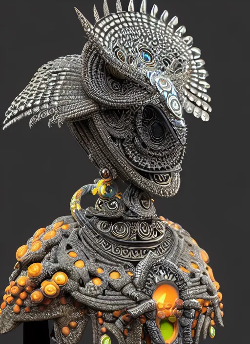 Image similar to 3 d goddess close - up profile portrait. beautiful intricate highly detailed mexican magpie helm and traditional mexican huipil. stingray, bio luminescent, plasma, lava, ice, water, wind, stormy, creature, artwork by tooth wu and wlop and beeple and greg rutkowski, octane 3 d render