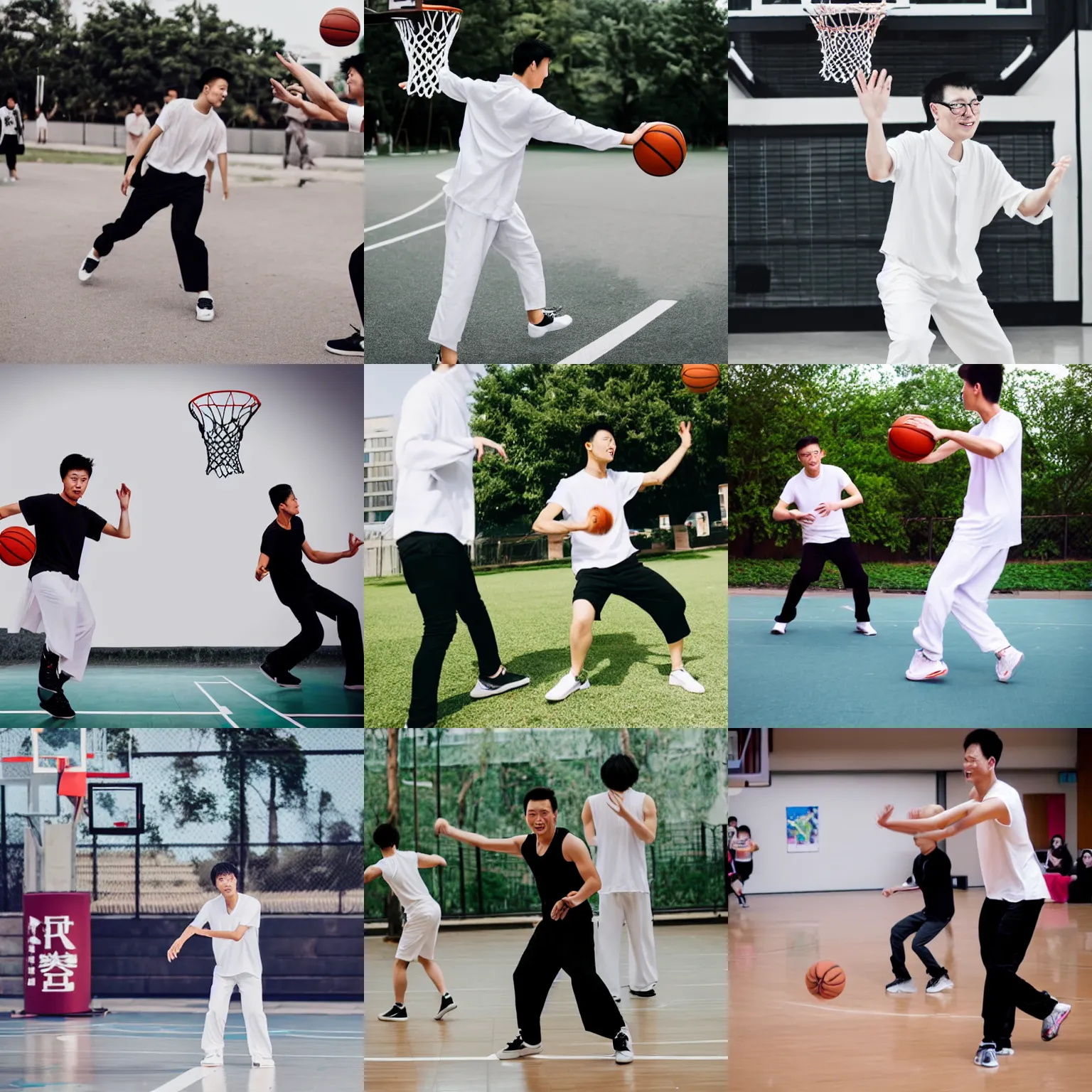 Prompt: chinese man in white strappy pants and black shirt playing basketball while dancing