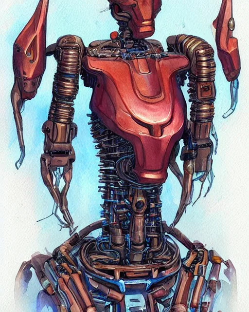 Prompt: a watercolor painting full body character portrait of a humanoid robotic machine mutant in the style of moebius in the style of leonard boyarsky trending on artstation deviantart pinterest detailed photorealistic highlights and shadow hd 8 k post - processing high resolution