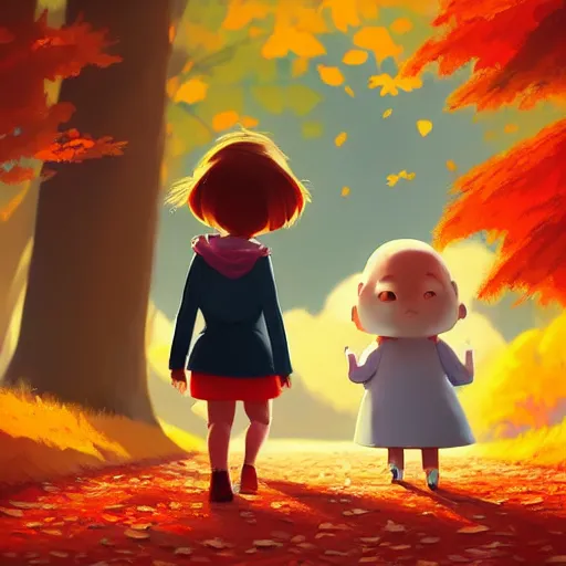 Prompt: goro fujita ilustration a beautiful little girl smiling, walking calmly through an autumn forest, characterized by ansell mary jane, character art, sharp focus, highly detailed, artstation