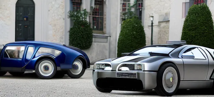 Image similar to a single bugatti type 5 7 sc atlantic and delorean hybrid, dslr, volumetric lighting