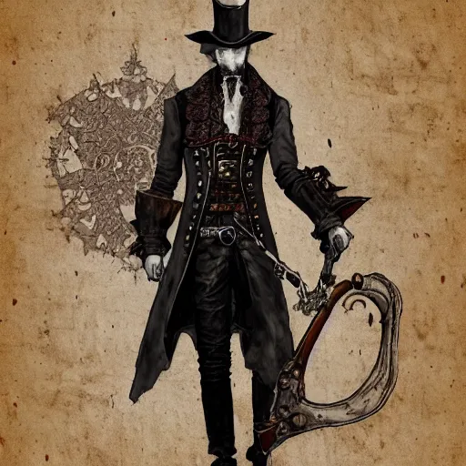 Image similar to Drawing of Male Victorian Gothic Pirate on vintage parchment paper, hd, intricate, bloodborne, 8k, digital art