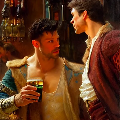 Image similar to attractive muscular arthur pendragon and muscular attractive merlin go to a pub together to have some drinks. highly detailed painting by gaston bussiere, craig mullins, j. c. leyendecker, alphonse mucha 8 k