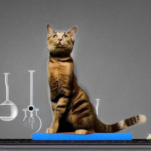 Image similar to Schrodinger's cat performing science experiments in a lab, digital art, high resolution