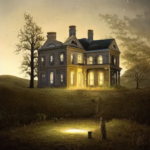 Prompt: an abandoned mansion with a widows walk and observatory on a hill at night with stars, by lee madgwick and bastien lecouffe