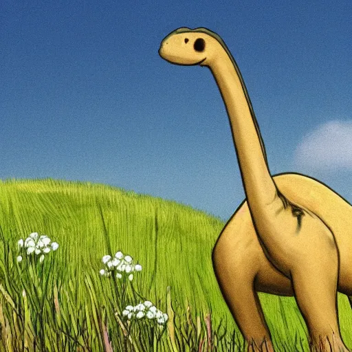 Image similar to a diplodocus lazily walking through a meadow enjoying the summer sun