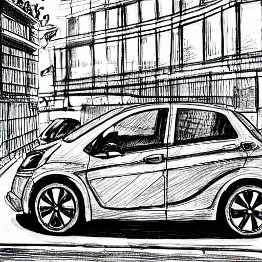 Image similar to compact honda car parked in a european city, ink manga drawing