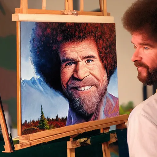 Image similar to a closeup photorealistic photograph of bob ross working on a canvas painting of spiderman. film still. brightly lit scene. mountains and trees. this 4 k hd image is trending on artstation, featured on behance, well - rendered, extra crisp, features intricate detail, epic composition and the style of unreal engine.