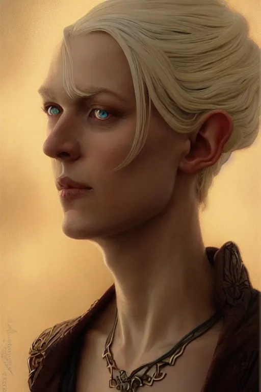 Image similar to portrait of an old blonde elven mage, dark, piercing eyes, gentle expression, elegant clothing, photorealistic, highly detailed, artstation, smooth, sharp focus, art by michael whelan, artgerm, greg rutkowski and alphonse mucha