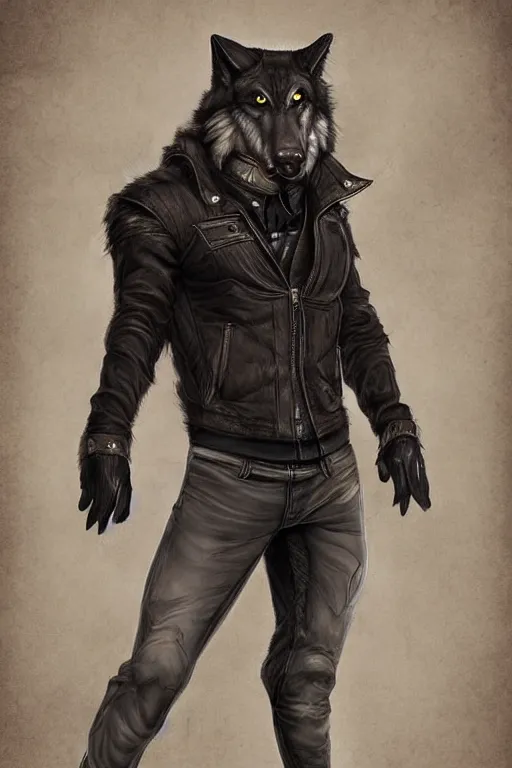 Image similar to A wolf with a small head wearing a leather jacket and leather jeans and leather gloves, trending on FurAffinity, energetic, dynamic, digital art, highly detailed, FurAffinity, high quality, digital fantasy art, FurAffinity, favorite, character art