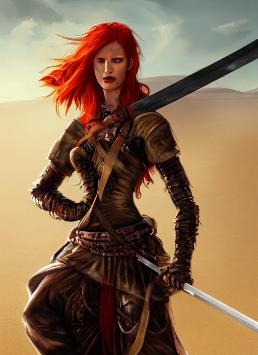 Prompt: Redhead female fighter with katana in desert, fantasy, medieval, vivid colors, fantasy, elegant, concept art, sharp focus, beautiful face, digital art, Hyper-realistic, 4K, Unreal Engine, Highly Detailed, HD, Dramatic Lighting by Brom, trending on Artstation