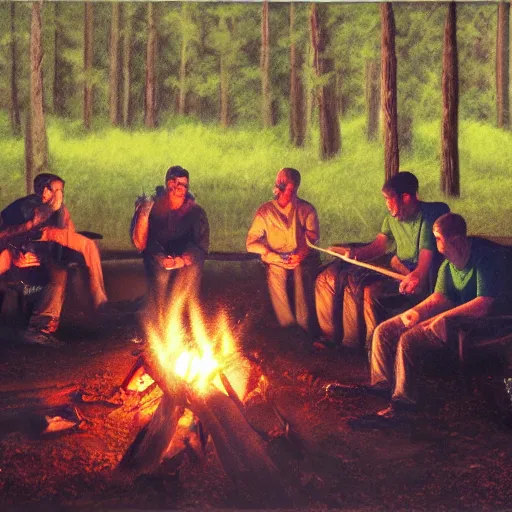 Prompt: sitting around a campfire, hyper realism