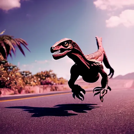 Image similar to a velociraptor riding a motorbike, photorealistic 3 d octane render, unreal engine, make it look like it was made by dall - e 2