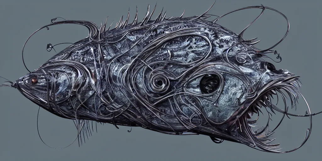 Image similar to angler fish sculpture, stylized layered shapes, long flowing fins, bioluminescent orbs, diffuse lighting, glowing eye, intricate, elegant, highly detailed, lifelike, photorealistic, digital painting, artstation, smooth, sharp focus, art by h r giger