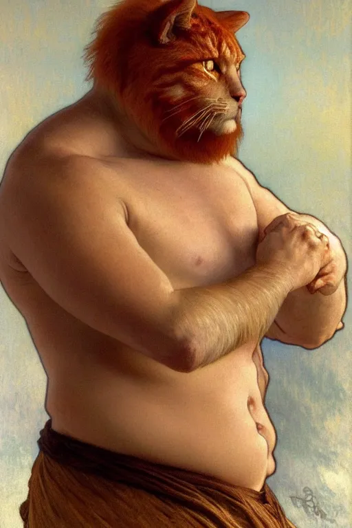 Prompt: painted portrait of rugged fat orange cat, god of thunder, greek god, white hair, masculine, powerful, handsome, upper body, white robe, muscular, hairy torso, fantasy, intricate, elegant, highly detailed, digital painting, artstation, concept art, smooth, sharp focus, illustration, art by gaston bussiere and alphonse mucha