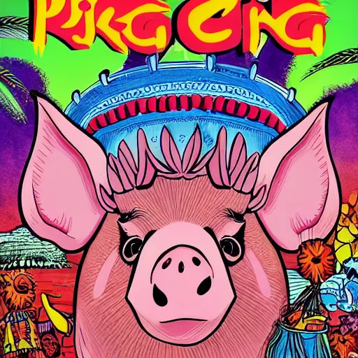Prompt: pig king 70s colorful