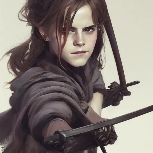 Image similar to portait of a emma watson swinging her katana, front game card, drark, marvel comics, dark, intricate, highly detailed, smooth, artstation, digital illustration by ruan jia and mandy jurgens and artgerm and wayne barlowe and greg rutkowski and zdislav beksinski